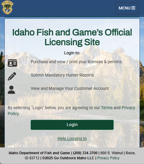 Image of IDFG account login screen at gooutdoorsidaho.com